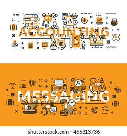 Accounting and Messaging heading, title, web banner. Horizontal colored in white and yellow flat vector illustration.