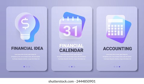 Abrechnungsmenü für mobile App-Seiten im Glasmorphismus-Stil. Vektorgrafik Banner für Finanzkalender und Ideenanalyse festgelegt.
