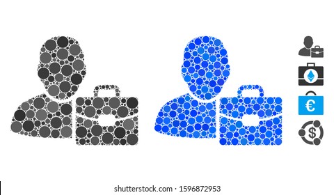 Accounting mosaic of round dots in various sizes and shades, based on accounting icon. Vector round dots are united into blue collage. Dotted accounting icon in usual and blue versions.