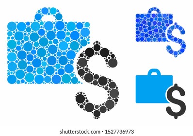 Accounting mosaic of spheric dots in different sizes and color hues, based on accounting icon. Vector round dots are grouped into blue mosaic. Dotted accounting icon in usual and blue versions.