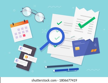 Accounting office concept vector flat lay table working desk top view illustration, financial audit research of salary wages document reports, tax money payment investigation analysis design