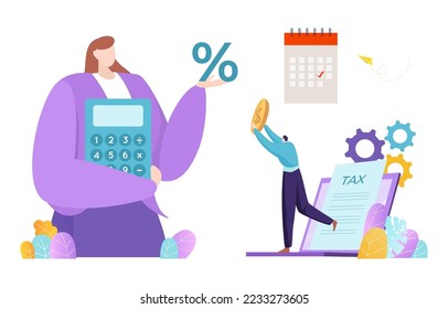Accounting online operation female tiny character calculate tax return percent, invoice payment flat vector illustration, isolated on white.