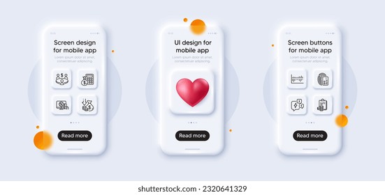 Accounting, Online shopping and Meeting line icons pack. 3d phone mockups with heart. Glass smartphone screen. Card, Stress, Column diagram web icon. Finance calculator, Deflation pictogram. Vector