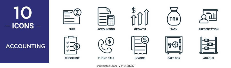 el conjunto de iconos de esquema de contabilidad incluye suma de línea fina, contabilidad, crecimiento, saco, presentación, lista de comprobación, iconos de llamada de teléfono para informe, presentación, diagrama, diseño web