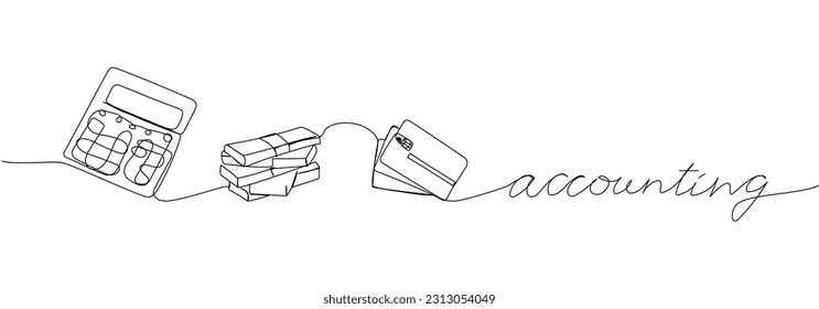 Accounting, payment, calculator, bank card, money one line art. Continuous line drawing of bank, financial, payment, data, economic, wealth credit with an inscription, lettering, handwritten.