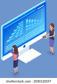 Accounting people in front of computer with calculator and report, computer screen showing financial chart. Women analyze statistical indicators, business data on monitor. Data analysis concept