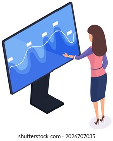 Accounting person in front of computer with calculator and report, computer screen showing financial chart. Woman analyzes statistical indicators, business data on monitor. Data analysis concept