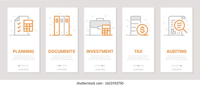 Accounting, planning, auditing, investments vertical cards. Templates for a website. Icons with editable stroke