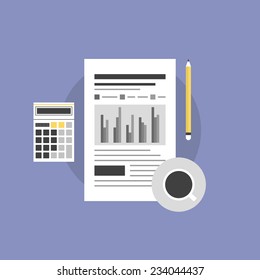 Accounting planning and financial workflow, finance analytics and market data sales, paperwork with statistics. Flat icon modern design style vector illustration concept.