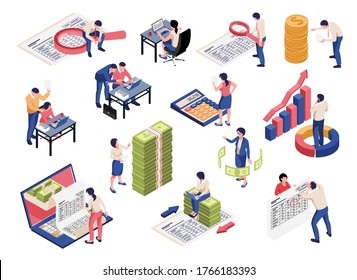 Accounting process isometric set with financial documents analyzing reporting tax collection control magnifier banknotes symbols vector illustration 