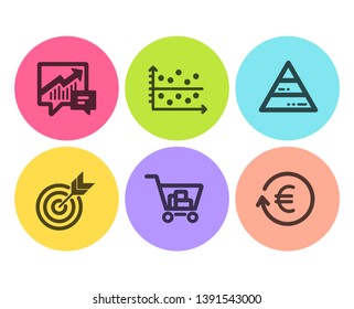 Accounting, Pyramid chart and Dot plot icons simple set. Target, Internet shopping and Exchange currency signs. Supply and demand, Report analysis. Finance set. Flat accounting icon. Circle button