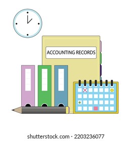 Accounting records, organisation folder and document flow. Vector illustration. Business organize, file company concept, office tax plan, database labour, analysis research, isometric information