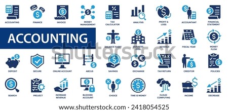Accounting related flat icons set. Invoice, tax calculator, accountant, business firm, tax return and more.