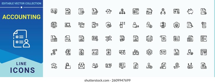 Accounting related icon set. Contain linear symbols credit, account, analysis, money, bank, management and more. Modern vector illustration. Banking line icon. Editable stroke. Vector illustration.
