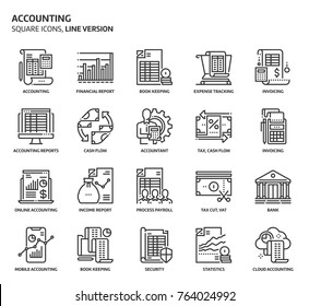 Accounting related, pixel perfect, editable stroke, up scalable vector icon set. 