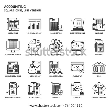 Accounting related, pixel perfect, editable stroke, up scalable vector icon set. 