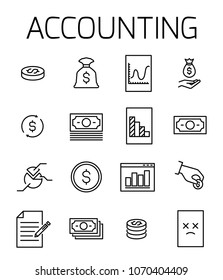 Accounting related vector icon set. Well-crafted sign in thin line style with editable stroke. Vector symbols isolated on a white background. Simple pictograms.