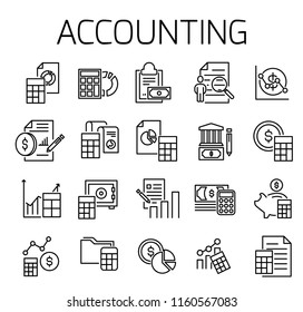 Accounting related vector icon set. Well-crafted sign in thin line style with editable stroke. Vector symbols isolated on a white background. Simple pictograms.