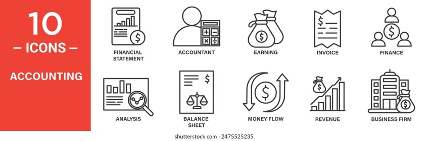 accounting related vector icon set includes financial statement, accountant, earning, invoice, finance, analysis, balance sheet, and more icons