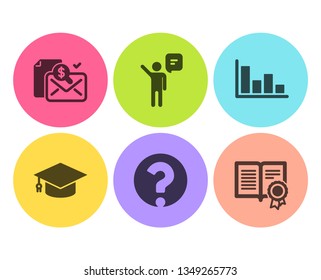 Accounting report, Agent and Graduation cap icons simple set. Question mark, Histogram and Diploma signs. Check finance, Business person. Education set. Flat accounting report icon. Circle button