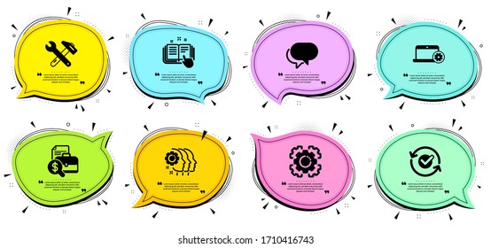 Signos de informe contable, aprobados y burbujas Talk. Burlas de chat con citas. Juego de iconos de la línea de trabajo del equipo Seo, Documentación técnica y Empleados. Herramienta de expansión, símbolos de servicio de bloc de notas. Vector