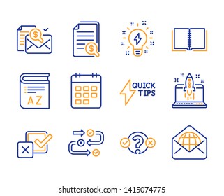 Accounting report, Book and Inspiration icons simple set. Survey progress, Quiz test and Checkbox signs. Start business, Calendar and Quickstart guide symbols. Line accounting report icon. Vector