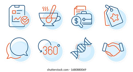 Accounting report, Report checklist and Loyalty tags signs. Handshake, Full rotation and Chemistry dna line icons set. Chat message, Tea cup symbols. Deal hand, 360 degree. Business set. Vector