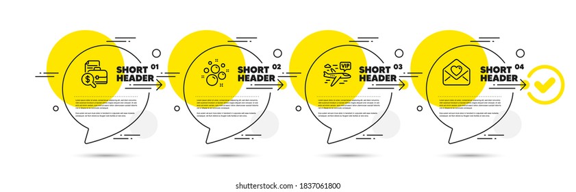Accounting report, Clean bubbles and Vip flight line icons set. Timeline infograph speech bubbles. Love letter sign. Financial case, Laundry shampoo, Charter airplane. Heart. Business set. Vector