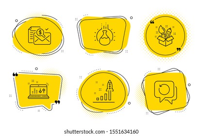Accounting report, Development plan and Recovery data signs. Chat bubbles. Sound check, Creativity and Chemistry experiment line icons set. Dj controller, Design idea, Laboratory flask. Vector