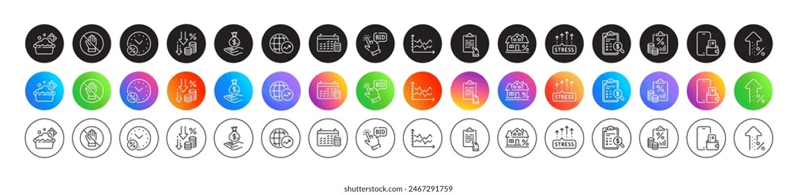 Accounting report, Diagram chart and Tax document line icons. Round icon gradient buttons. Pack of Calendar, Loan percent, Launder money icon. Corrupt, Phone wallet, World statistics pictogram. Vector