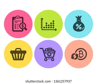 Accounting report, Dot plot and Loan icons simple set. Shop cart, Add products and Refresh bitcoin signs. Check finance, Presentation graph. Finance set. Flat accounting report icon. Circle button