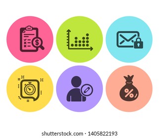 Accounting report, Edit user and Dot plot icons simple set. Timer, Secure mail and Loan signs. Check finance, Profile data. Technology set. Flat accounting report icon. Circle button. Vector