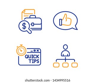 Accounting report, Feedback and Quick tips icons simple set. Management sign. Financial case, Speech bubble, Helpful tricks. Agent. Technology set. Linear accounting report icon. Colorful design set