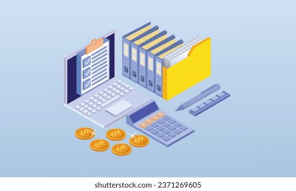 Informe de contabilidad formulario.on blue Background.3D diseño.isométrico vectorial diseño Ilustración.