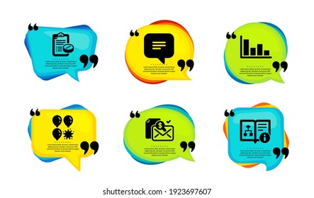 Accounting report, Histogram and Medical prescription icons simple set. Speech bubble with quotes. Text message, Balloon dart and Technical algorithm signs. Vector