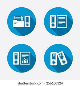 Accounting report icons. Document storage in folders sign symbols. Circle concept web buttons. Vector