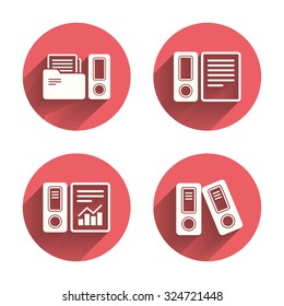 Accounting report icons. Document storage in folders sign symbols. Pink circles flat buttons with shadow. Vector