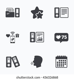 Accounting report icons. Document storage in folders sign symbols. Flat talking head, calendar icons. Stars, like counter icons. Vector