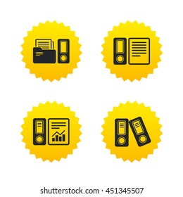 Accounting report icons. Document storage in folders sign symbols. Yellow stars labels with flat icons. Vector