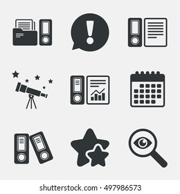 Accounting report icons. Document storage in folders sign symbols. Attention, investigate and stars icons. Telescope and calendar signs. Vector