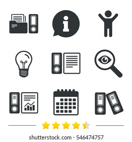 Accounting report icons. Document storage in folders sign symbols. Information, light bulb and calendar icons. Investigate magnifier. Vector