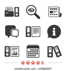 Accounting report icons. Document storage in folders sign symbols. Newspaper, information and calendar icons. Investigate magnifier, chat symbol. Vector