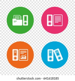 Accounting report icons. Document storage in folders sign symbols. Round buttons on transparent background. Vector