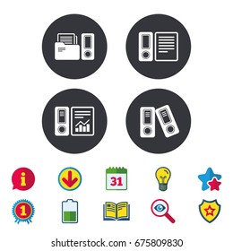 Accounting report icons. Document storage in folders sign symbols. Calendar, Information and Download signs. Stars, Award and Book icons. Light bulb, Shield and Search. Vector