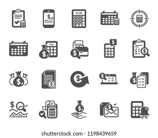 Accounting report icons. Set of Calculation, Check investment. Calendar, Banking account and Finance report documents icons. Bill, Calculate income and Wealth auditing signs. Quality design element