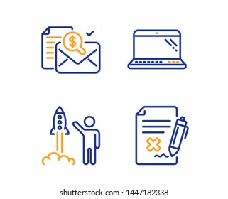 Accounting report, Launch project and Laptop icons simple set. Reject file sign. Check finance, Business innovation, Computer. Decline agreement. Technology set. Linear accounting report icon. Vector