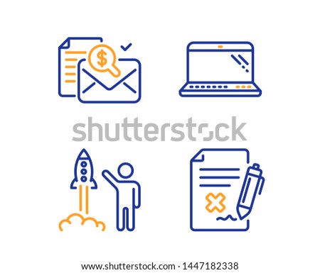 Accounting report, Launch project and Laptop icons simple set. Reject file sign. Check finance, Business innovation, Computer. Decline agreement. Technology set. Linear accounting report icon. Vector