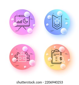 Accounting report, Puzzle and Presentation minimal line icons. 3d spheres or balls buttons. Shoulder strap icons. For web, application, printing. Check finance, Jigsaw, Board with charts. Vector