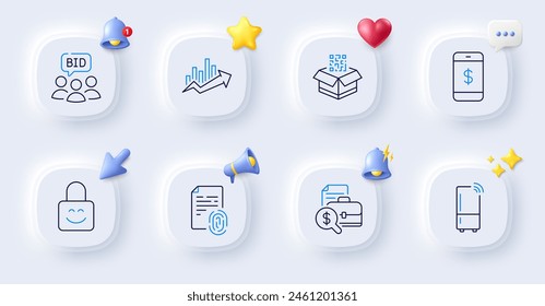 Accounting report, Refrigerator and Smartphone payment line icons. Buttons with 3d bell, chat speech, cursor. Pack of Qr code, Growth chart, Lock icon. Fingerprint, Auction pictogram. Vector