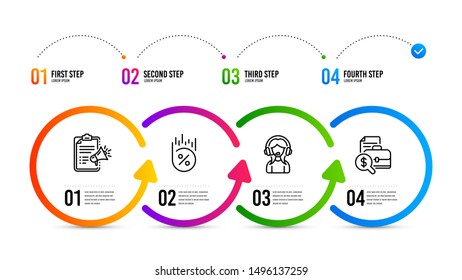Accounting report sign. Infographics timeline. Support, Megaphone checklist and Loan percent line icons set. Call center, Brand check, Discount. Financial case. Business set. Support icon. Vector